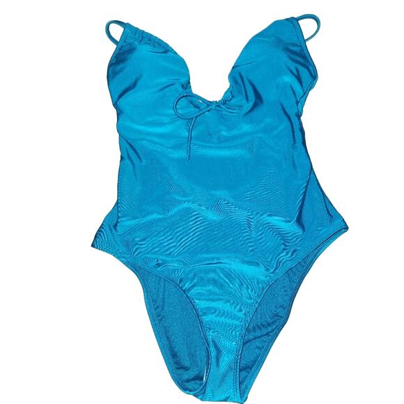 Shade & Shore‎ NWT Plunge Tie-Front Teal One Piece Swimsuit Size Small - Picture 3 of 9